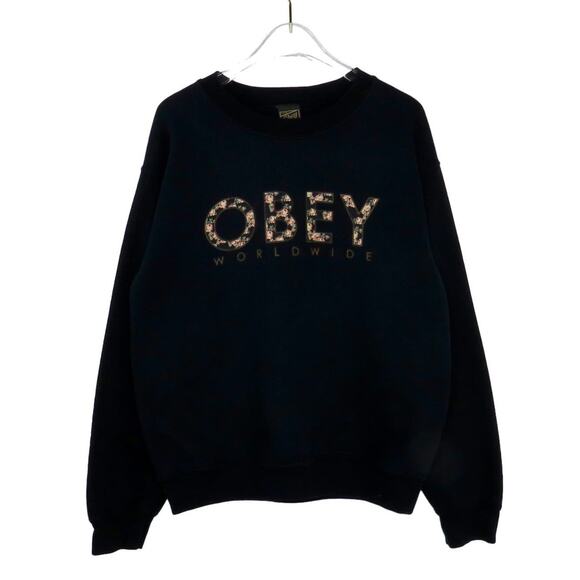 Obey Black Floral Letter Crewneck Pullover Sweatshirt Floral Small - Picture 1 of 5